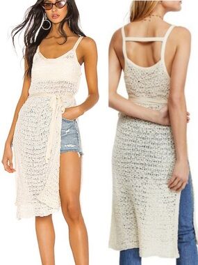 Free People Bottom of the Sea Ivory Crochet Knit Tie Waist Tunic - S